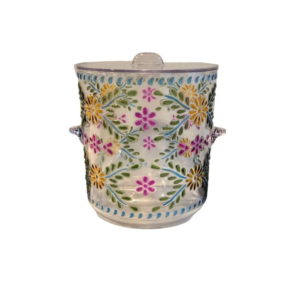 New Floral Country Acrylic Ice Bucket W/Lid & Tongs Party BBQ Flower Barware